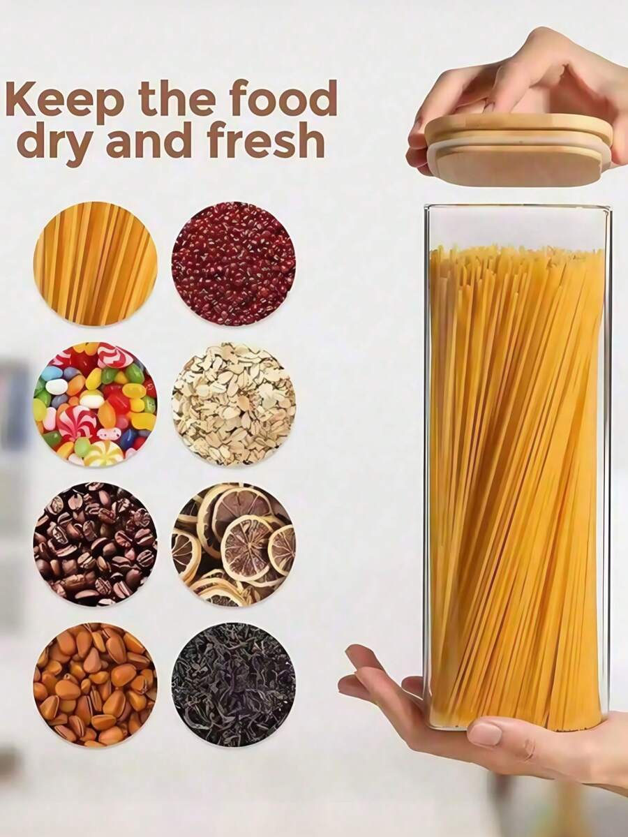 Recipiente hermético cuadrado para almacenamiento de alimentos con tapa de bambú - Canister transparente para cereales/té de cocina - transparente - Ver 1