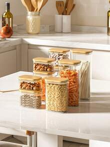 Premium Wooden Lid Square Grain Canister | Airtight Food Storage Container For Cereal, Nuts, Coffee & Candy - transparente - Ver 5