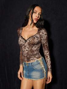 SHEIN ICON Leopard Print Lace Trim Long Sleeve Women T-Shirt - Brown - View 5