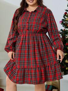 SHEIN CURVE+ Plus Size Plaid Shirt Dress, Red Christmas Holiday A-Line Loose Skirt Plus Size Christmas Red Plaid Dress Plus Size - Red - View 4
