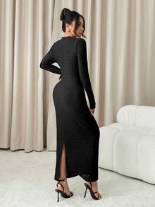 SHEIN PETITE Black Textured Fabric Button Decor Back Slit Long Sleeve Elegant Long Dress For Women,For Summer Vacation,Women Summer Clothing ,Petite Women - Black - View 2