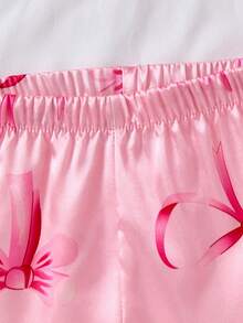 Genkimix Kids Set de 2 piezas de ropa de casa para niñas jóvenes con estampado de moño, chaqueta de manga larga y pantalones, para primavera/otoño - Rosa - Ver 4