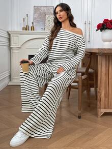 EMERY ROSE 女士条纹不对称肩长袖上衣和阔腿裤休闲宽松两件套 - 杏色 - 查看 4