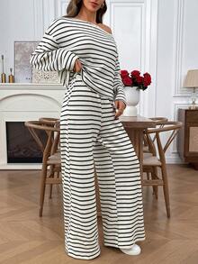 EMERY ROSE 女士条纹不对称肩长袖上衣和阔腿裤休闲宽松两件套 - 杏色 - 查看 5