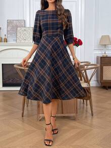 EMERY ROSE 女式格子简约休闲短袖中长连衣裙 - 彩色 - 查看 5