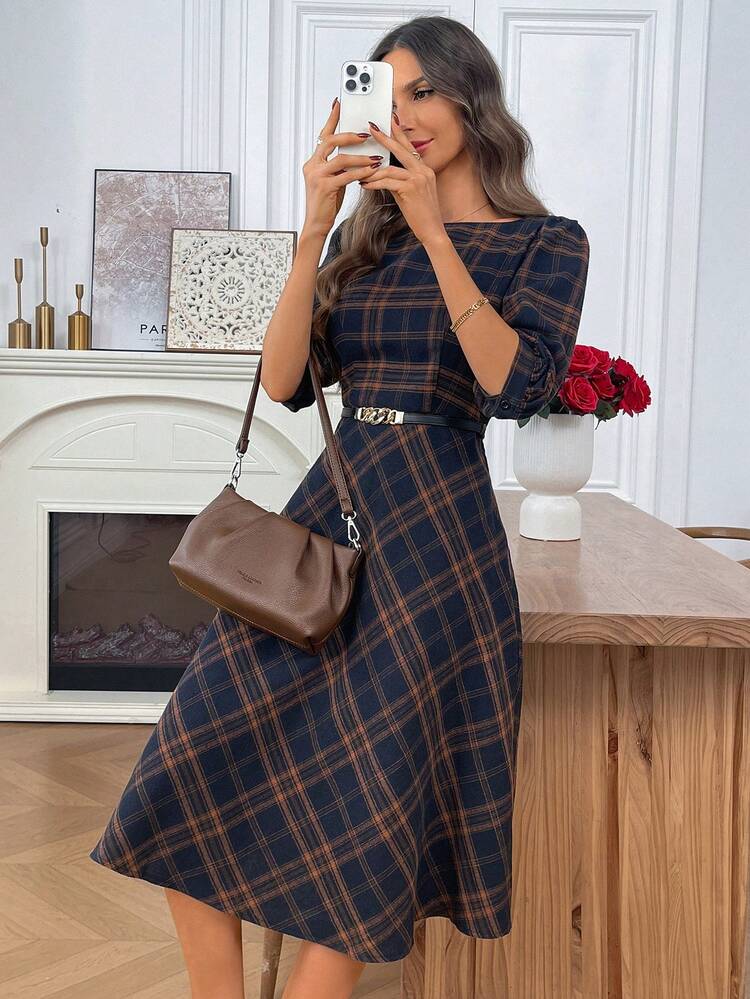 Women's Plaid Minimalist Casual Short Sleeve Midi Dress Elegant Dresses For Women  Elegant Dresses For Party  Women Dresses Autumn Winter  One-Piece Dress Ladies Autumn Winter Cozy Fall And Winter Clothes For Women