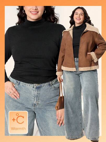 Solflare 大码女式纯色高领修身长袖 T 恤，休闲日常穿着，秋冬