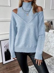 EMERY ROSE 休闲纯色露肩立领毛衣，秋冬 - 淺藍色 - 查看 4