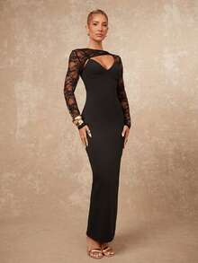 Lumalex Winter Fall Asymmetrical Lace Patchwork Long Sleeve V-Neck Bodycon Dress For Women Long Sleeve Formal Dress Black Long Dress Elegant Black Formal Evening Gown Black Wedding Guest Dress  Luxury Prom Gathering Party Banquet Modest Old Money Coquette Glitter Holiday Party Rave Festival Outing Vacation Hot Outdoor Richly Layered Wedding Season Banquet ID Al-Adha Al-Adha Party New Year ANCORA Red Bordeaux Red BURGUNDY Red Party Must Have Perfect For Frosty Days - Black - View 3