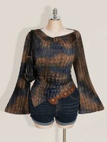 SHEIN ICON 秋季女式加大码西部波西米亚风复古哥特露肩外出扎染印花不对称下摆长袖喇叭袖时尚T恤 - 彩色 - 查看 4