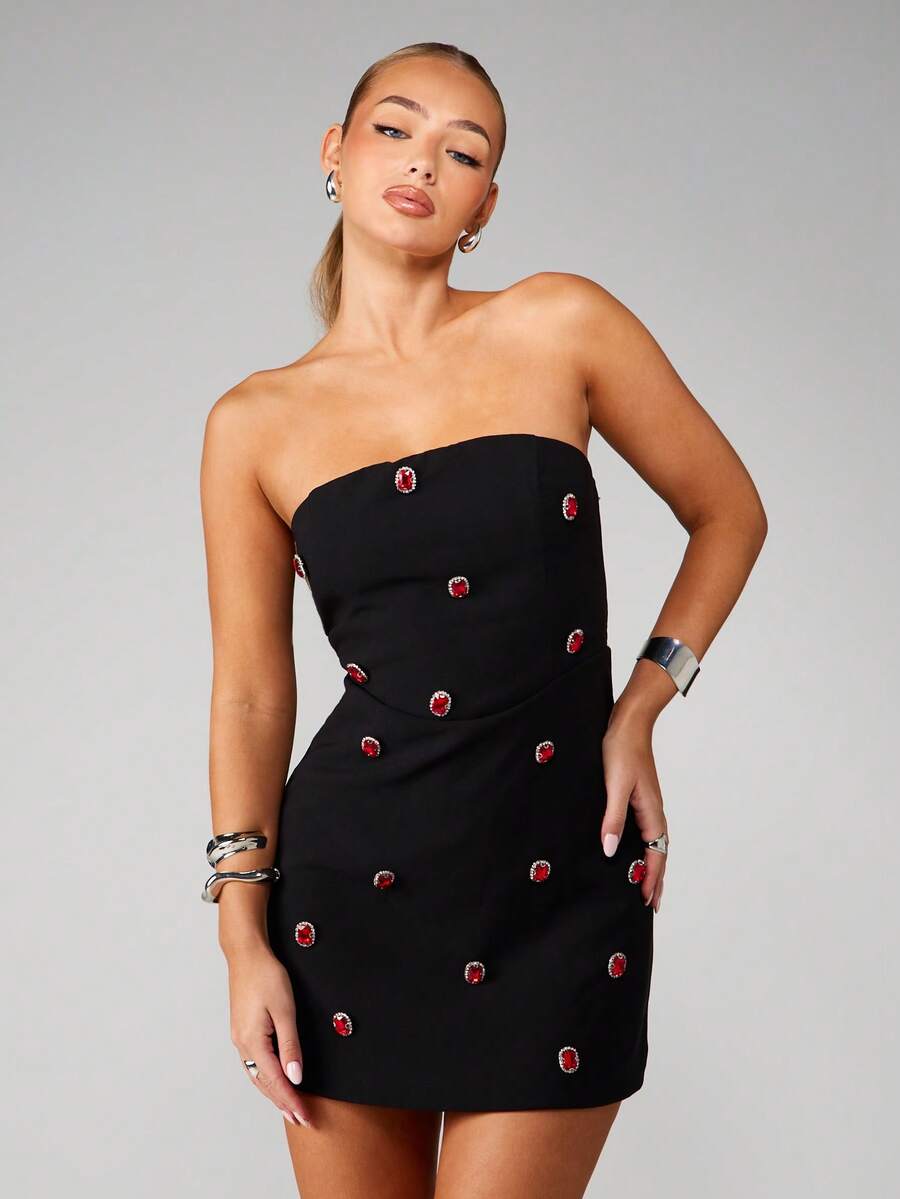 MISSGUIDED Strapless Bandeau Mini Dress With Red Crystal Embellished Button Details Bodycon Party Evening - Black - View 1
