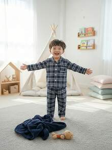 SHEIN 4pcs Baby Boy Plaid Shirt, Pants And Flannel Robe With Eye Mask Sleepwear Set Baby Boys Outfit Baby Boy Pajamas Baby Boy Flannel Baby Boy Winter Sets Baby Boy Bathrobe - Multicolor - View 4