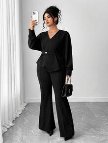 Elenzga Damen elegantes Set mit V-Ausschnitt Langarmoberteil mit Bindegürtel und weiter Hose, 2-teilig - Schwarz - Übersicht 1