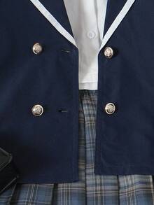 SHEIN 1 套时尚少女春秋学院风撞色领长袖 T 恤夹克 + 褶皱经典格子裙套装，适合旅行、上学、户外、刺绣设计、休闲日常穿着 - 彩色 - 查看 7