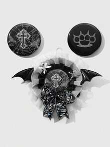 ROMWE Bộ 2 trâm cài áo nam châm phong cách Punk Gothic Y2K đen trắng viền ren, đầu lâu bạc và hoa hồng, thánh giá, cánh quỷ, nơ trang trí, kèm thánh giá hình mạng nhện có thể thay thế, chân gấu chấm bi, ghim cài móng mèo - Thích hợp cho cosplay, anime, trang phục hàng ngày, quà tặng ngày lễ - màu đen - Xem 17