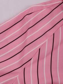 Franclia Damen Große Größen Lässig Hemd mit rosa, schwarzen und weißen gestreiften dekorativen Knöpfen - Pink - Übersicht 5
