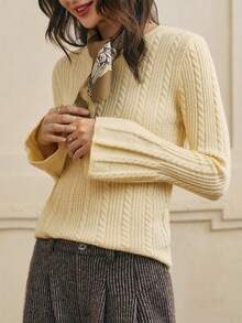 Cévolie Women's Solid Color Casual Twist Cable Round Neck Regular Shoulder Long Sleeve Knit Sweater - Yellow - View 3