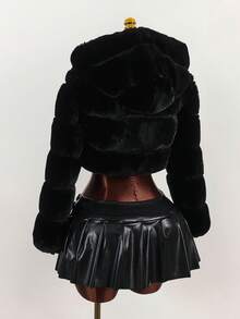 Y2K Amplova Women's Solid Color Long Sleeve Zip-Up Hooded Faux Fur Trim Short Jacket, Winter, Autumn/Winter Thanksgiving And New Year Party Dress - Black - View 2