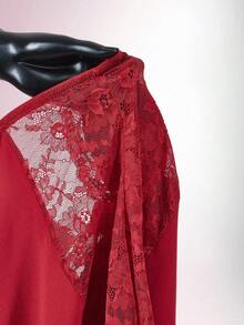 Amplova Bộ đồ liền thân màu trơn phối ren tương phản quyến rũ ôm eo dành cho nữ - Màu Đỏ Sâu - Xem 11