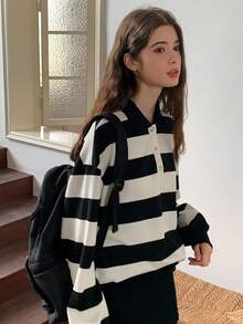 Dazy Kids 少女条纹纽扣运动衫 - 黑與白 - 查看 2