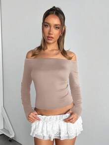 SHEIN EZwear Brązowa, obcisła, swobodna, damska koszulka z golfem z odkrytymi ramionami i długim rękawem, idealna na jesień - Morela - Zobacz 11