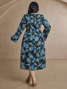 Dazy Plus Plus Size Women Floral Print Long Sleeve Dress, High-End Fitted Formal Gown Dress Boho - Blue - View 2