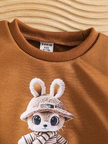 SHEIN 幼儿男童圆领动物印花套头衫搭配休闲运动裤，可爱的运动休闲风格，适合室内外穿着 - 棕色 - 查看 4