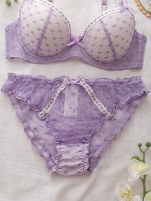 DelicateAllure Conjunto de bralette con parches de encaje de malla en forma de corazón de lavanda y decoración de lazo - Púrpura malva - Ver 6