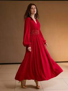 MOTF PREMIUM CONTRAST SEQUIN RUCHED V-NECK FITTED WAIST DRESS, AUTUMN/WINTER, CHRISTMAS DRESS, RED DRESS, NEW YEAR DRESS - Red - View 1