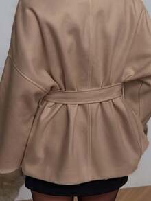 SHEIN EZwear 女士纯色落肩长袖仿毛皮袖口和腰带设计时尚大衣，秋冬棕色女式大衣 - 咖啡棕 - 查看 7