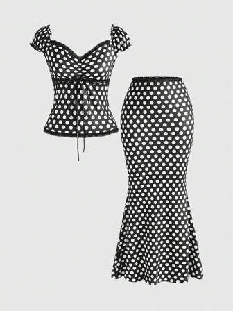 Kawaii 2 Stücke/Set V-Ausschnitt Schleifendekor Kontrast Polka Dot Spitze Patchwork Slim Fit Bluse + Rock