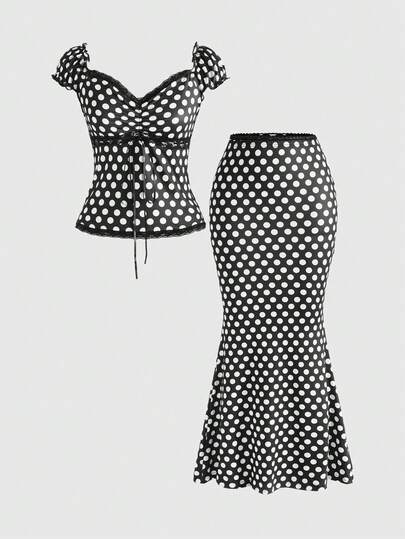 Kawaii 2 pièces/set Blouse ajustée avec décoration de nœud papillon col V et patchwork de dentelle à pois contrastés + Jupe