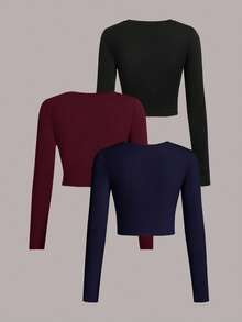 SHEIN EZwear 3 件套休闲简约圆领长袖短款修身女式 T 恤，秋冬 - 彩色 - 查看 2
