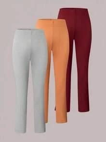 3-Pack Girls' Long Leggings In Orange, Coffee, Wine Red Colors - Multicolor - View 4