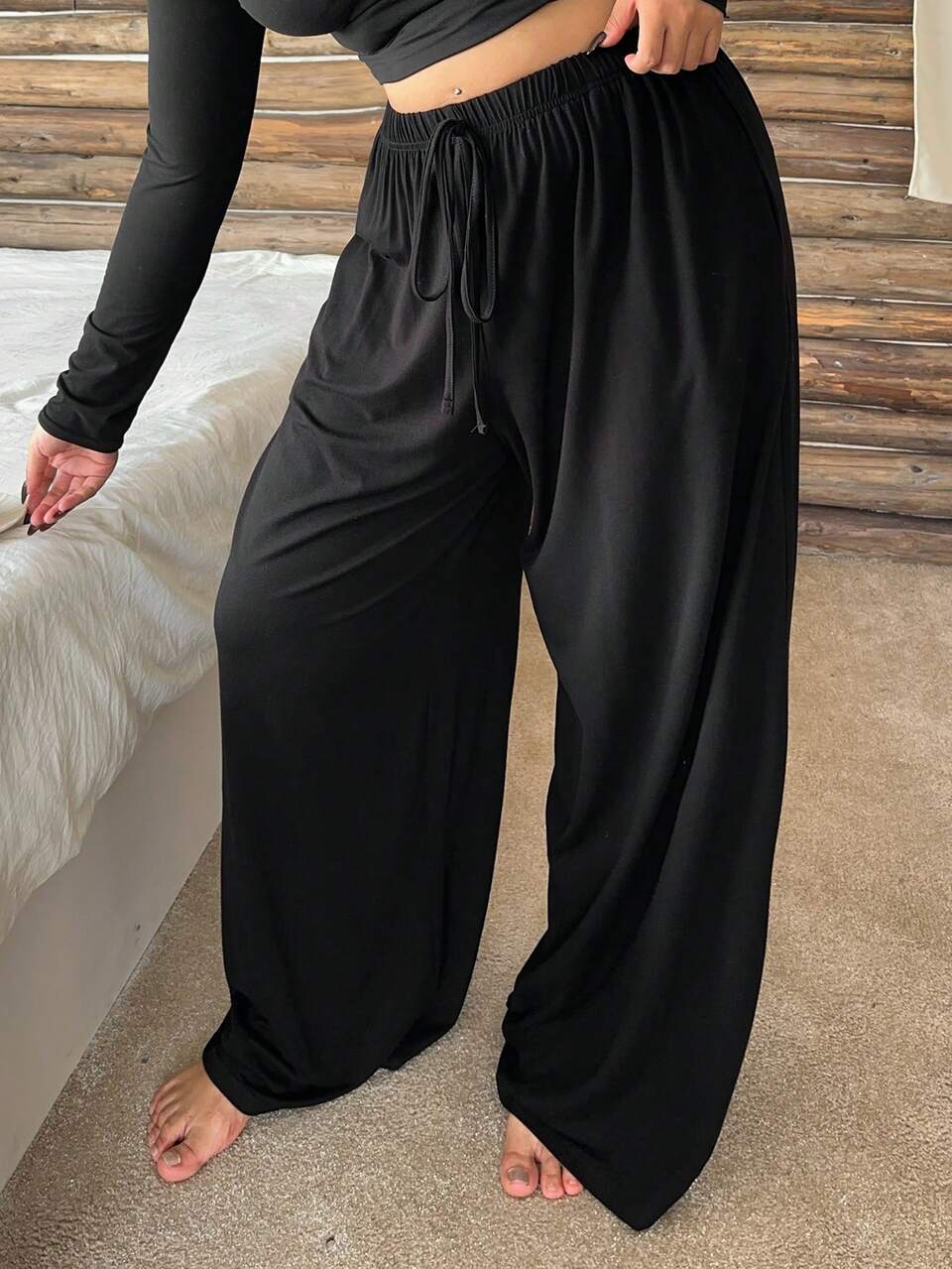 Dazy Plus Plus Size Women Elastic Waist Drawstring Straight Leg Sleepwear Bottoms, Solid Color Lounge Pants, For Fall & Winter Pajamas