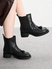 CUCCOO BIZCHIC 女士圆头踝靴，复古英伦风靴子，百搭 - 黑色 - 查看 1