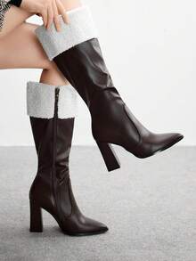 CUCCOO BIZCHIC 高品质棕色袖口针织高筒靴，尖头粗跟优雅女靴，时尚百搭新款靴子，展现女性魅力和优雅 - 棕色 - 查看 5