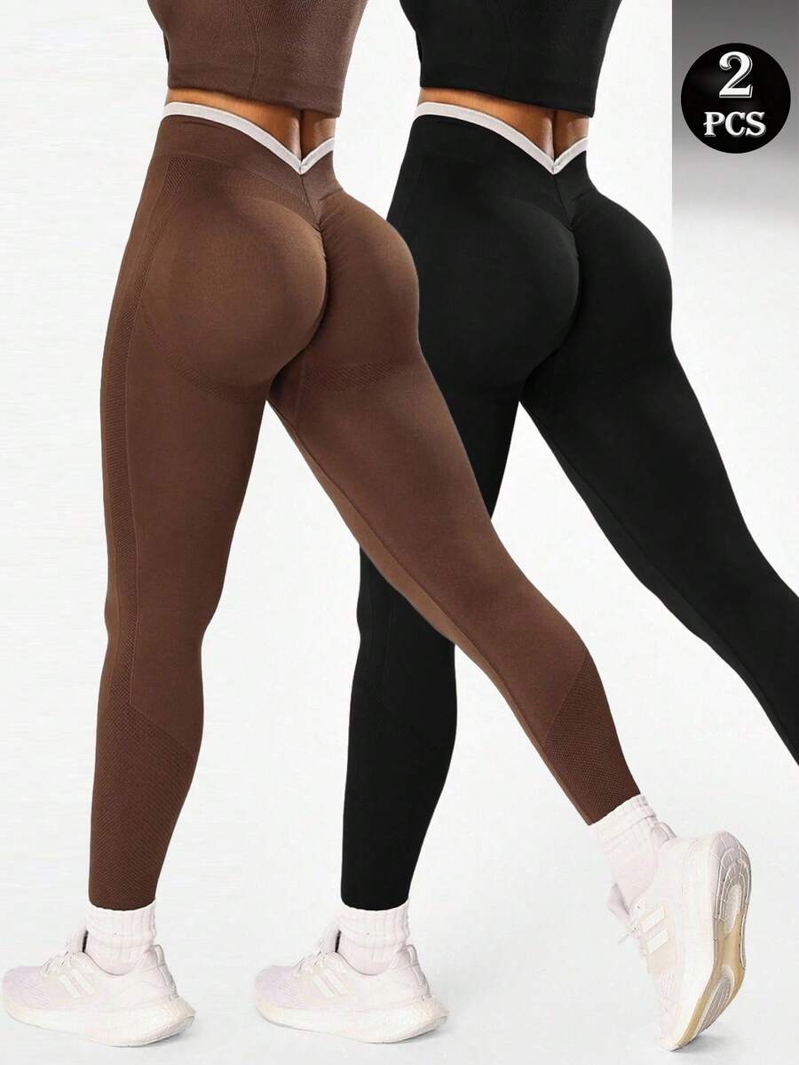 Easithlete 2 件女式黑色和卡其色 V 型腰紧身瑜伽裤，舒适弹力运动服 - 彩色 - 查看 1