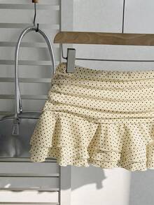 Elamini Váy ngắn xếp ly nhiều lớp thiết kế ngọt ngào thời trang thanh lịch chấm bi xếp nếp kiểu dáng nghỉ dưỡng váy chữ A - Màu be - Xem 6