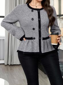Modelyn Áo khoác cardigan tay loe viền màu thanh lịch cỡ lớn dành cho người đi làm - Xám - Xem 5