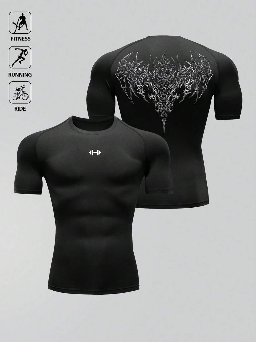 Acti Log Áo thun thể thao tay ngắn in họa tiết đơn giản dành cho nam, áo bó sát, áo tập luyện, áo thể dục, áo nén dành cho nam. - màu đen - Xem 1