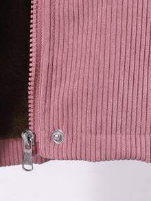 1pc Corduroy Texture Ribbed Oversized Collar Hooded Cinched Waist Jacket, Suitable For Casual Wear, Autumn/Winter Fall - Dusty Pink - View 3