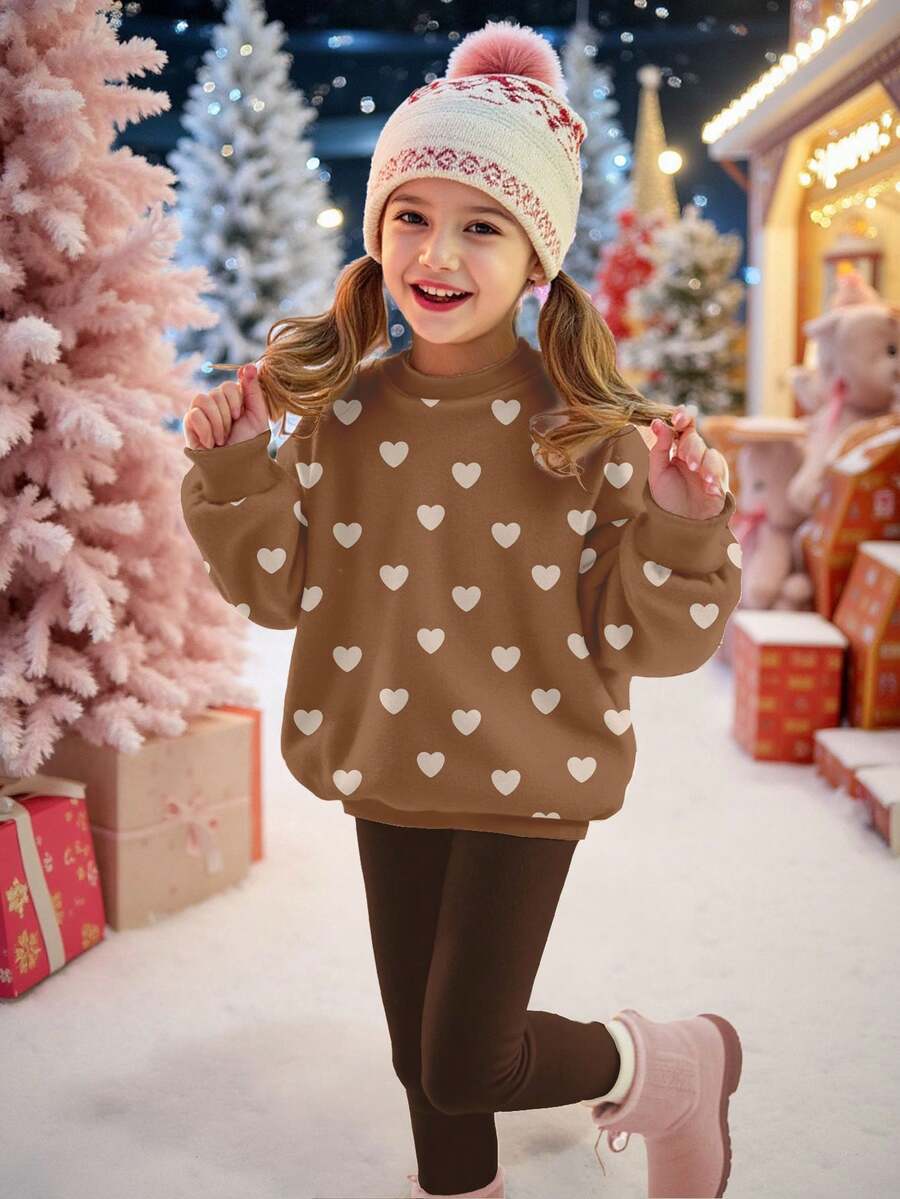 Cute Heart Print Tween Girl Casual Soft Thick Warm Crew Neck Long Sleeve Sweatshirt And Leggings Set, Suitable For Autumn/Winter Everyday And Holiday Wear