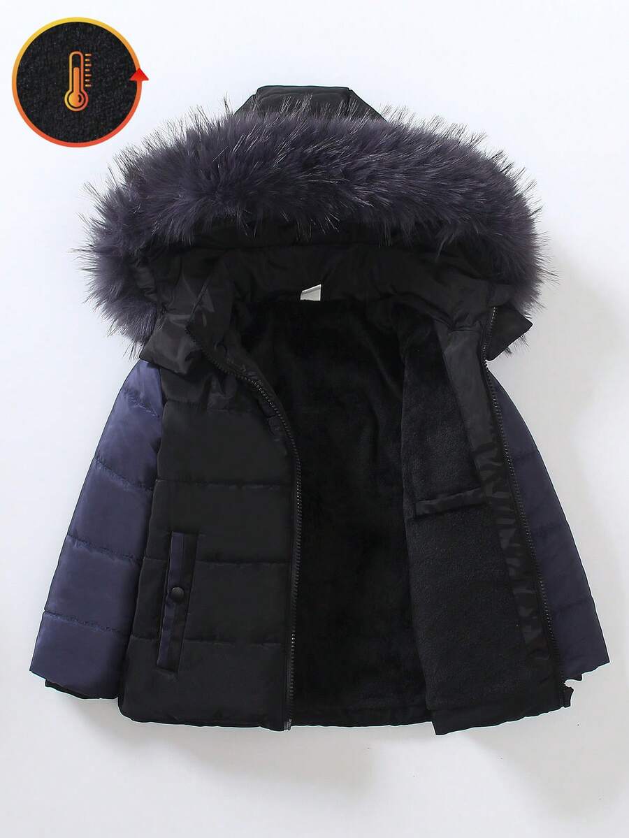 SHEIN Explorewe 2pcs/Set Young Boy Thermal Lined Hooded Padded Coat, Warm Padded Coat With Pockets Young Boy Winter Coattoddler Winter Coat BoyYoung Boys Coat WinterYoung Boys Coatbaby Boy Winter Coat - Blue - View 1