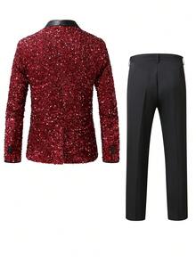 Manfinity AFTRDRK Bộ vest thời trang cổ khăn choàng tay dài có cầu vai sáng bóng cho nam - Màu Đỏ Sâu - Xem 2