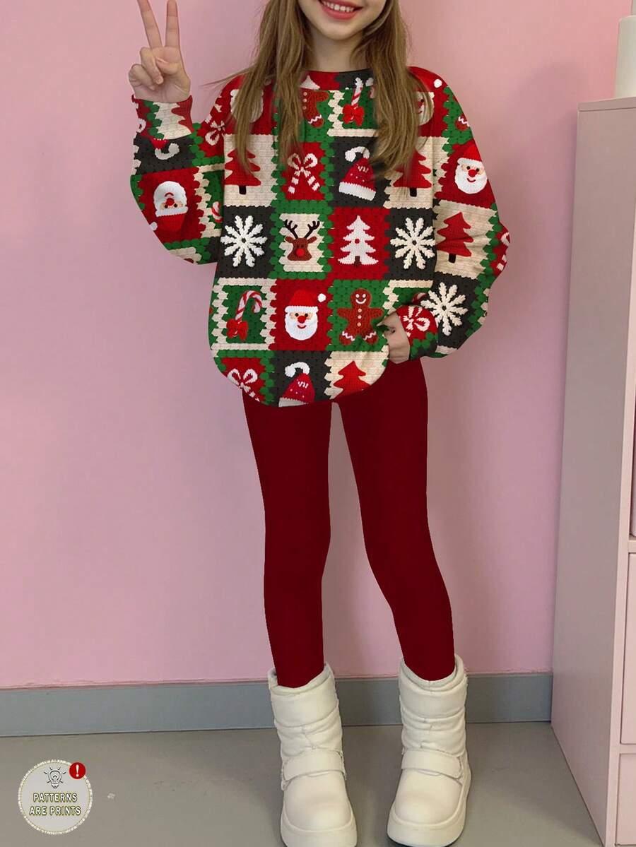 Frohe Weihnachten! Niedliche, strukturierte Socken mit festlichem Cartoon-Muster: Rentier, Weihnachtsmann, Weihnachtsbaum, Lebkuchenmann, Zuckerstangen. Rotes, festliches, lässiges 2 Stücke Set für Teenager-Mädchen mit Rundhalsausschnitt, langen Ärmeln und Leggings. Geeignet für Herbst/Winter. Größe 8. Rot-weißer, niedlicher Weihnachtspullover für Teenager. Mädchen 12-14. Weihnachtskleidung für Teenager. - Verschiedenfarbig - Übersicht 1