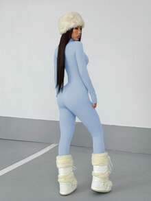 StreetHx Bộ đồ liền thân dài tay, màu trơn, khóa kéo nửa đầu thời trang dạo phố dành cho nữ, mùa thu - Màu xanh lam - Xem 2