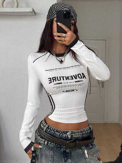 Coolane Women's Fall/Winter Streetwear Back To School Preppy Game Day Homecoming Rib Knit Stretchy Comfortable Long Sleeve Round Neck Jersey T-Shirt White Tops