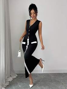 Rafferiza 女式撞色镶边V领无袖修身西装套装 - 黑與白 - 查看 1