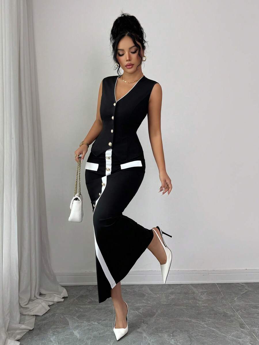 Rafferiza 女式撞色镶边V领无袖修身西装套装 - 黑與白 - 查看 1